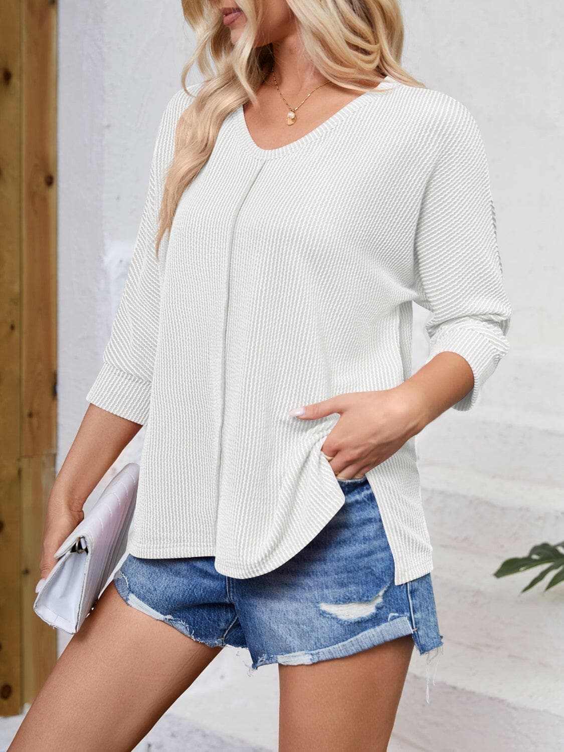 Textured 3/4 sleeve blouse - Love Salve